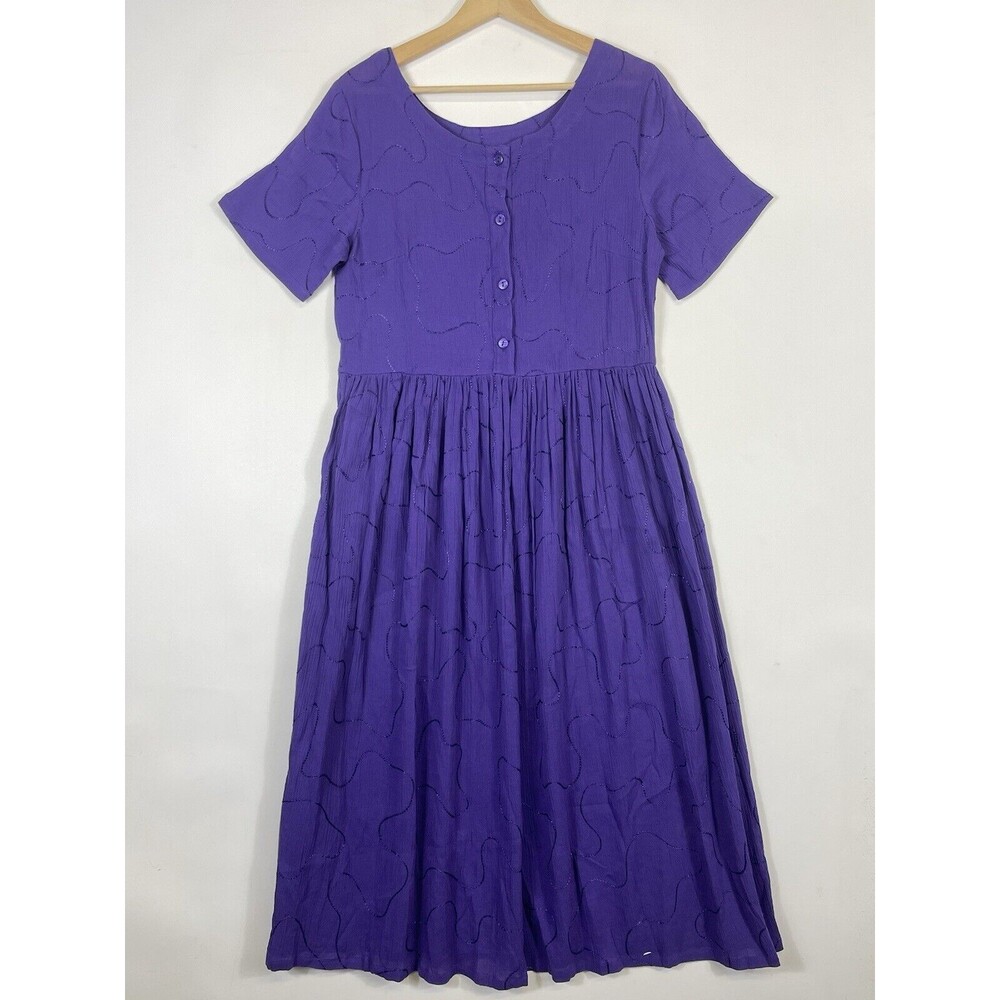 Button-Front Purple Midi Dress with Short Sleeves